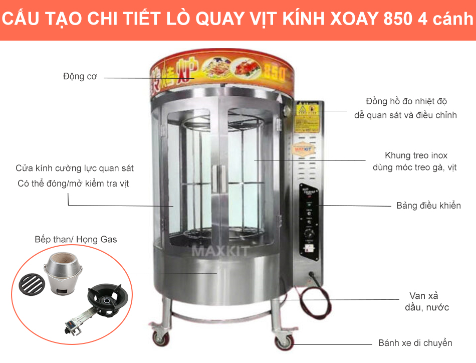 Lò quay vịt 850 (4 cánh) 12 Cấu tạo lò quay vịt 850 (4 cánh) ấn tượng, nhiên liệu linh hoạt than hoặc gas