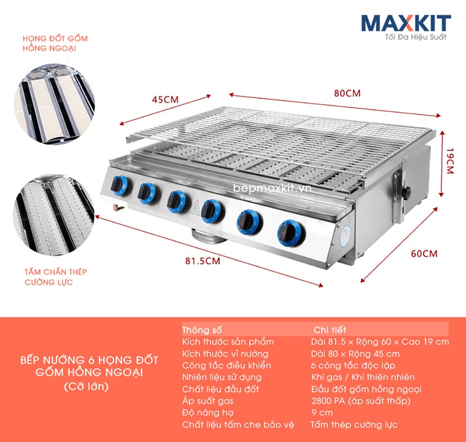 Bếp nướng Gas 6 họng đốt gốm hồng ngoại (Cỡ lớn) 10 Bếp nướng Gas 6 họng đốt lớn làm bằng gốm