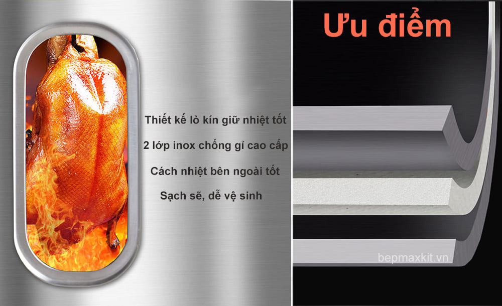 Chất liệu lò quay vịt inox đảm bảo độ bền, giữ nhiệt tốt