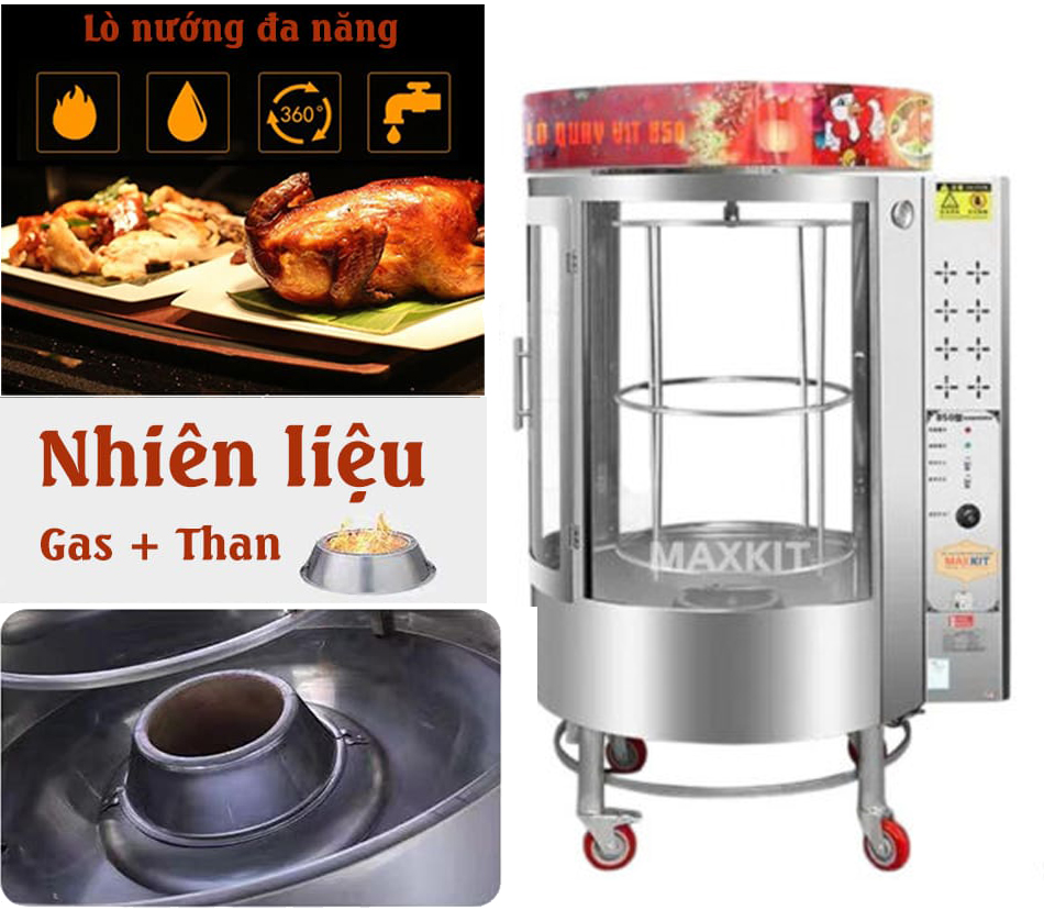 Lò quay vịt 850 (2 cánh) 15 Có thể sử dụng than hoặc gas để hoạt động