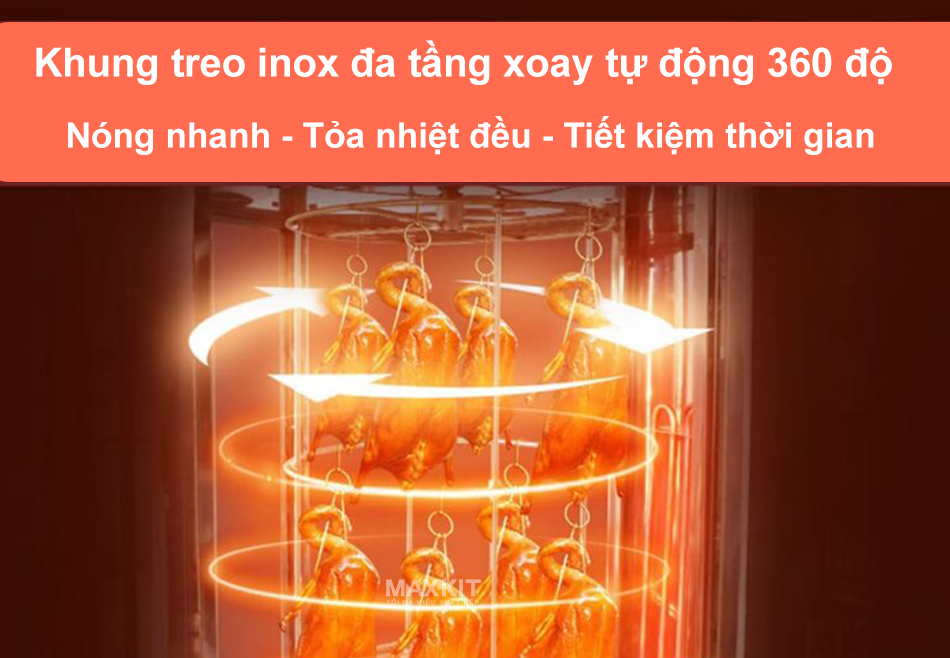 Lò quay vịt 850 (4 cánh) 15 Lò quay vịt 850 (4 cánh) quay đều 360 độ cho thịt vàng ruộm, giòn tan