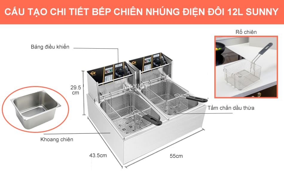 Bếp chiên nhúng điện đôi 12L Sunny Y12A 12 Bếp chiên nhúng điện đôi 12L Sunny Y12A với 2 khoang chiên 6L riêng biệt