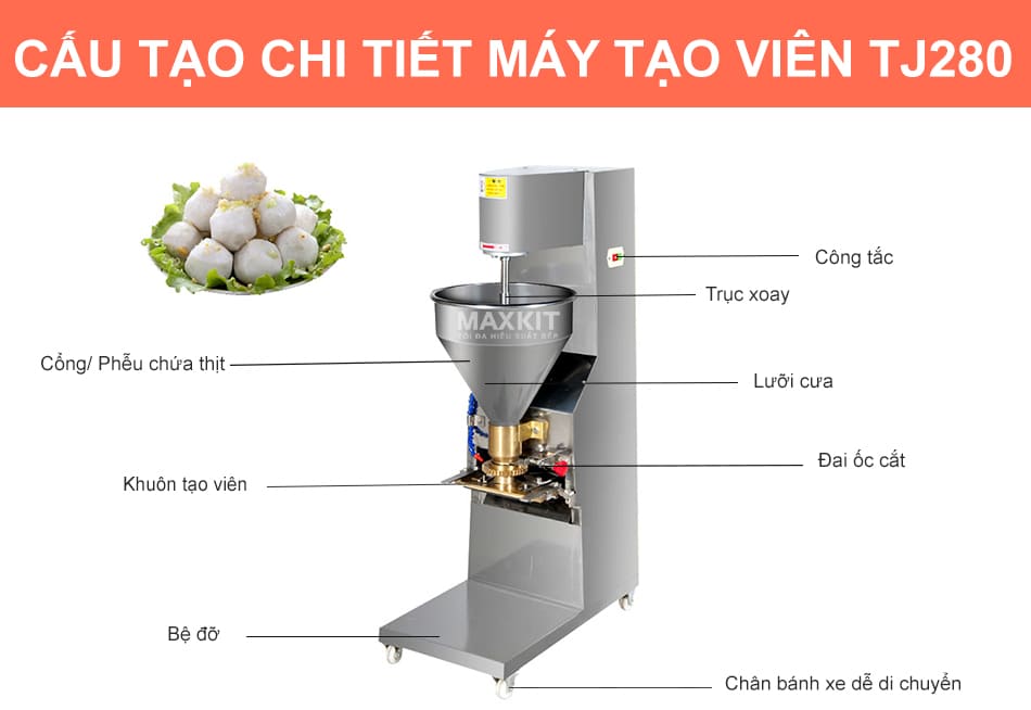 Máy tạo viên TJ280 12 Máy tạo viên TJ280 được làm từ kim loại không gỉ, đảm bảo an toàn thực phẩm