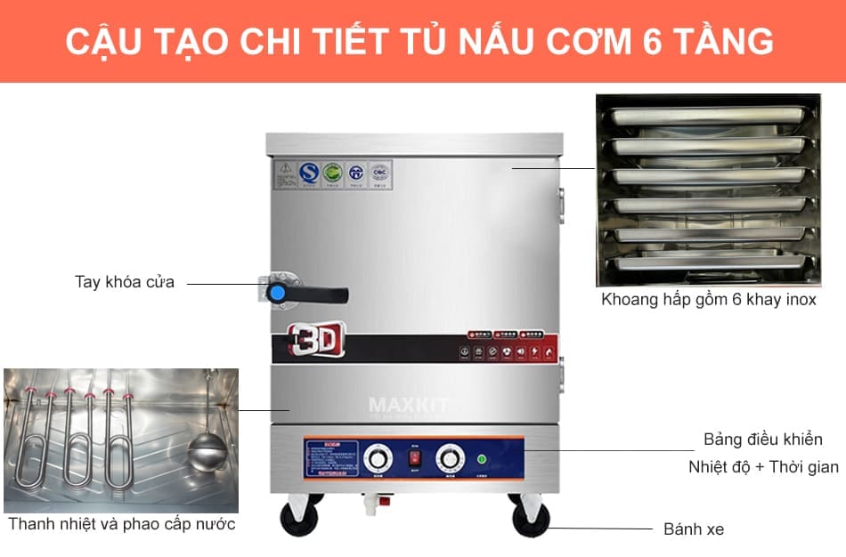 Tủ nấu cơm 6 khay dùng gas 12 Tủ nấu cơm 6 khay dùng gas nhỏ gọn, dễ di chuyển và lắp đặt