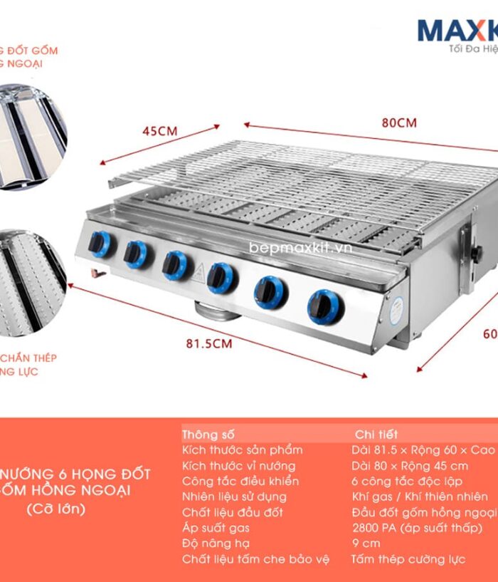 Bếp nướng Gas 6 họng đốt gốm hồng ngoại (Cỡ lớn) 6 Bep nuong gas 6 dau dot to 3